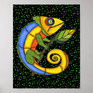 Colourful Lizard on a Branch Original Painting Poster