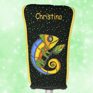 Colourful Lizard on Branch Leaf Green Dots Golf Head Cover
