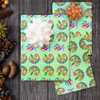 Colourful Lizards Happy Birthday Balloons Green Wrapping Paper Sheet