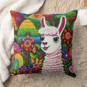 Colourful llama surrounded by flowers painting cushion