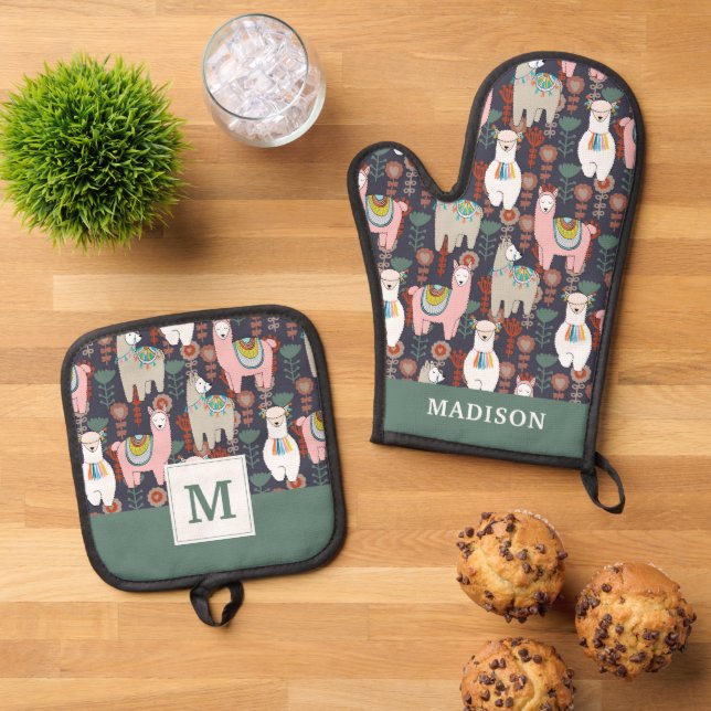 Colourful Llamas Pattern Oven Mitt & Pot Holder Set (Top Down)