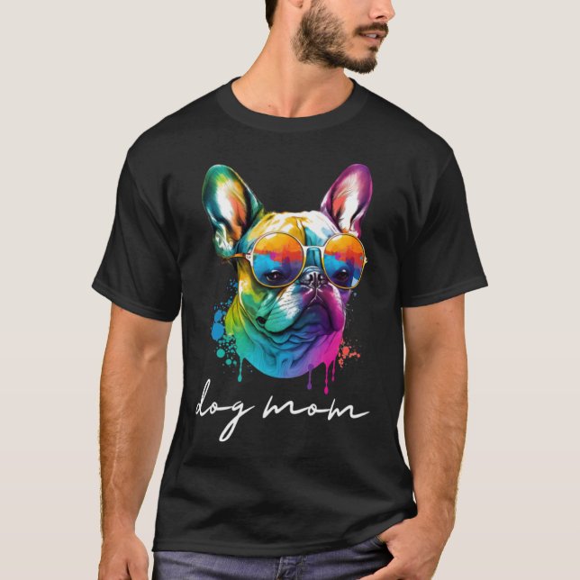 Colourful Long Haired French Bulldog Mum T-Shirt (Front)