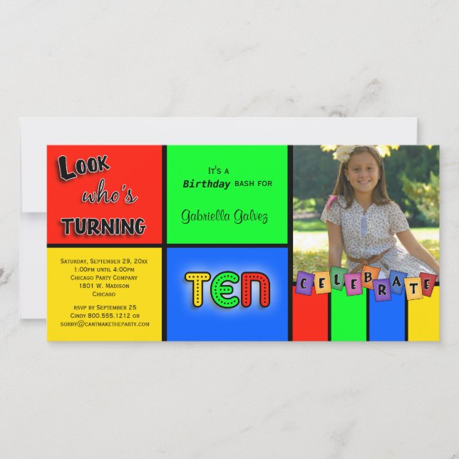 Colourful Look Whos Turning 10 Birthday Invite (Front)