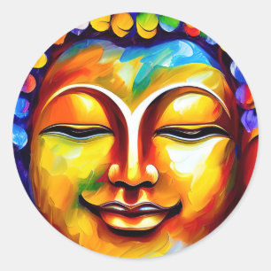 Colourful Lord Buddha Painting, Smiling Buddha Art Classic Round Sticker