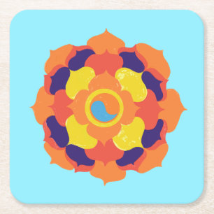 Colourful Lotus Flower Yin & Yang Mandala Square Paper Coaster
