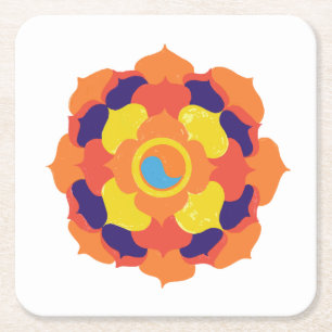 Colourful Lotus Flower Yin & Yang Mandala Square Paper Coaster