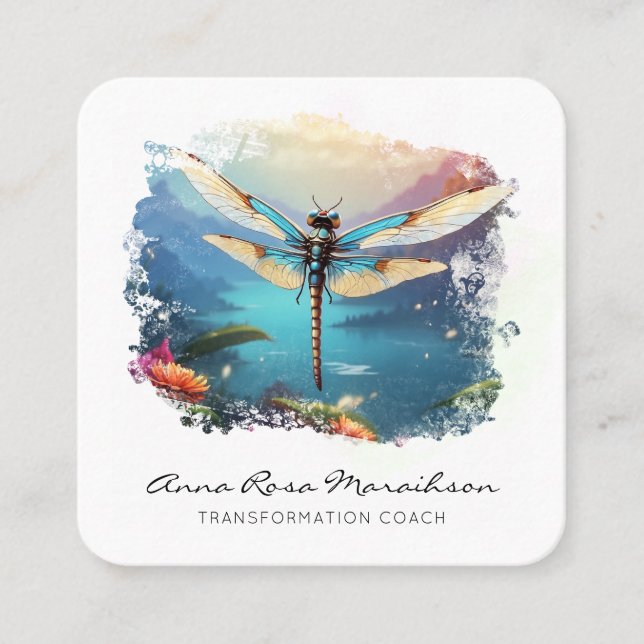 *~*  Colourful  Lotus Lily  Abstract Dragonfly  QR Square Business Card (Front)