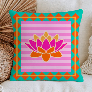 Colourful Lotus on Pink Stripes BOHO Chic Floral Cushion