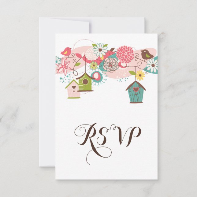 Colourful Love Birds & Bird Houses RSVP Invitation (Front)