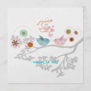 Colourful Love Birds floating hearts Invitation