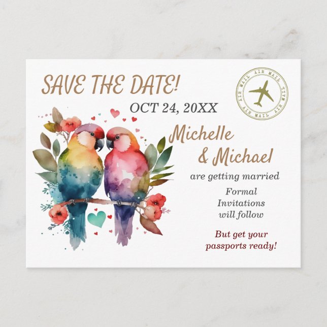 Colourful Love Birds, Save the Date Airmail Holiday Postcard (Front)