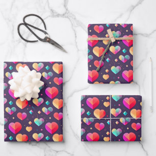 Colourful Love Heart Illustrated Valentines Day Wrapping Paper Sheet
