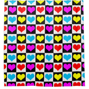 Colourful Love Hearts Geometric Block Print Shower Curtain