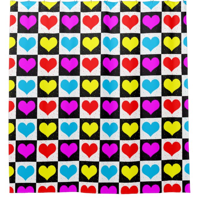 Colourful Love Hearts Geometric Block Print Shower Curtain (Front)