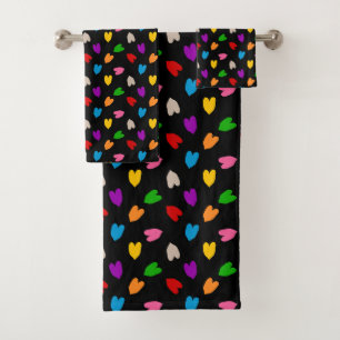 Colourful Love Hearts Pattern Design Black Bath Towel Set