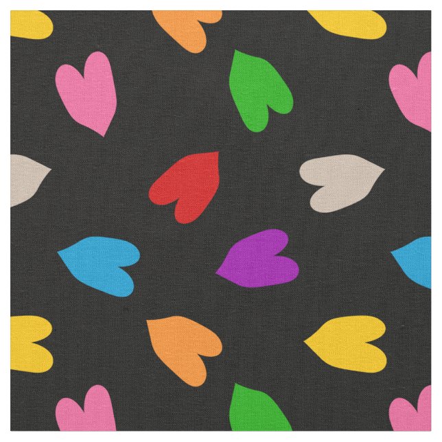 Colourful Love Hearts Pattern Design Black  Fabric (Close Up)