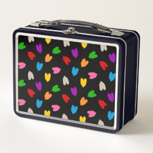 Colourful Love Hearts Pattern Design Black Metal Lunch Box