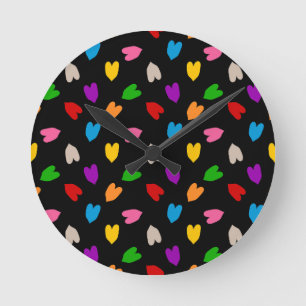Colourful Love Hearts Pattern Design Black Round Clock