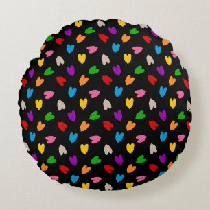 Colourful Love Hearts Pattern Design Black Round Cushion