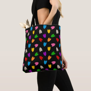 Colourful Love Hearts Pattern Design Black Tote Bag