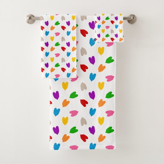 Colourful Love Hearts Pattern Design White  Bath Towel Set (Insitu)