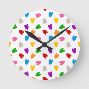 Colourful Love Hearts Pattern Design White Round Clock