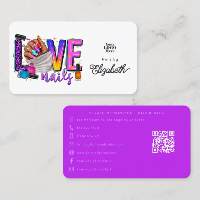Colourful "Love Nails" Slogan Chic Nail Salon Business Card (Front/Back)