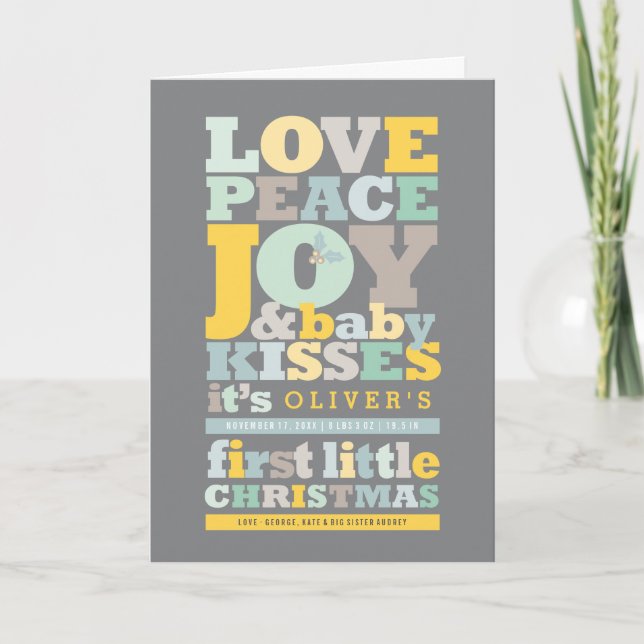 Colourful Love Peace Joy And Baby Kisses Letters Holiday Card (Front)