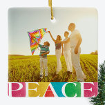 colourful LOVE PEACE JOY merry christmas photo Ceramic Ornament<br><div class="desc">colourful LOVE PEACE JOY photo frame _____________________________ ***this design is part of a christmas holiday collection*** _______________________ this design template is fully editable and customisable by you the customer - click personalise further button if you with to move, add, delete or make major changes to the design _______________________ *if you...</div>