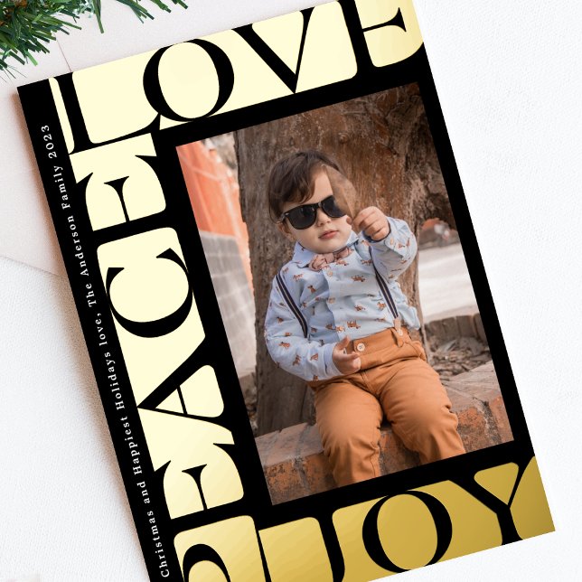 colourful LOVE PEACE JOY photo onyx frame Foil Holiday Card (Creator Uploaded)