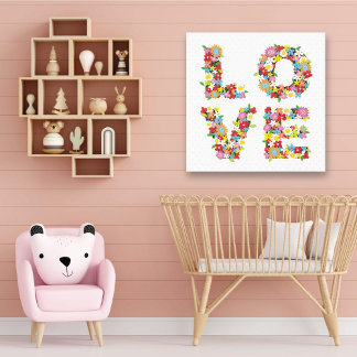 Colourful LOVE Spring Flowers Whimsical Nursery Canvas Print