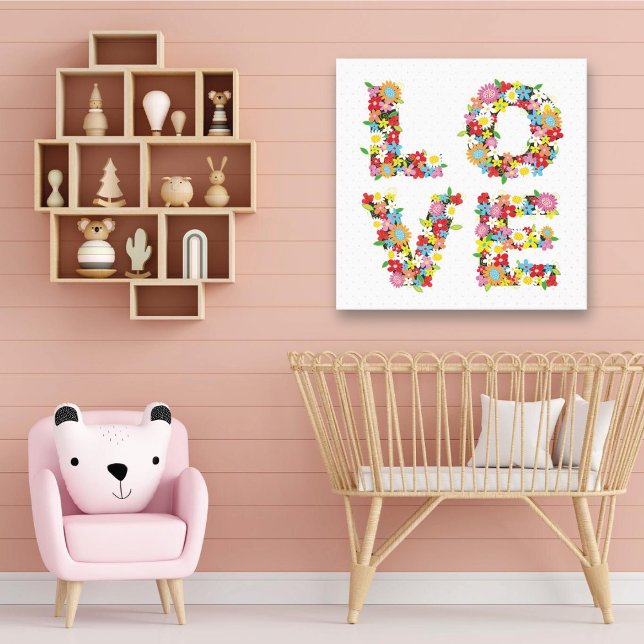 Colourful LOVE Spring Flowers Whimsical Nursery Canvas Print (LOVE Spring Flowers Whimsical Nursery Wall Art)