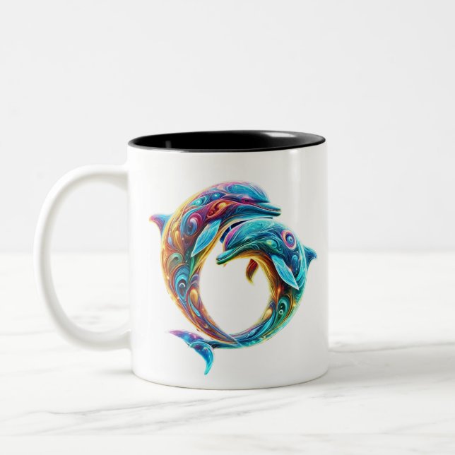 Colourful Loveable Dolphins Two-Tone Coffee Mug (Left)