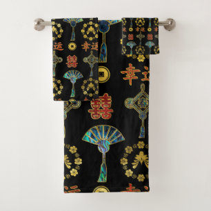 Colourful Lucky Chinese Symbols  Pattern Bath Towel Set