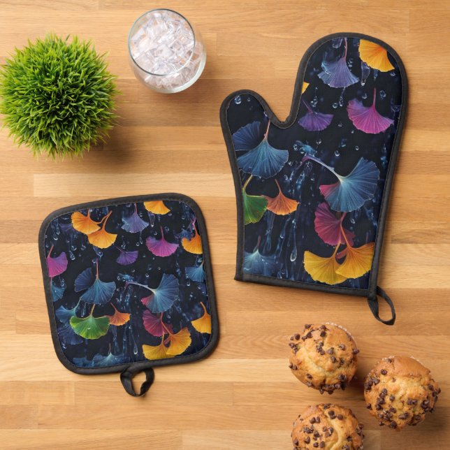 Colourful Luminogram Ginkgo Leaves Oven Mitt & Pot Holder Set (Top Down)