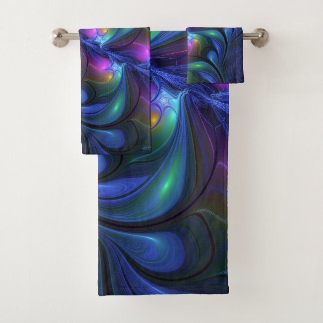 Colourful Luminous Abstract Blue Pink Green Fracta Bath Towel Set (Insitu)