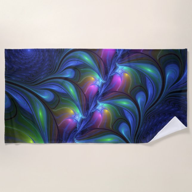 Colourful Luminous Abstract Blue Pink Green Fracta Beach Towel (Front)
