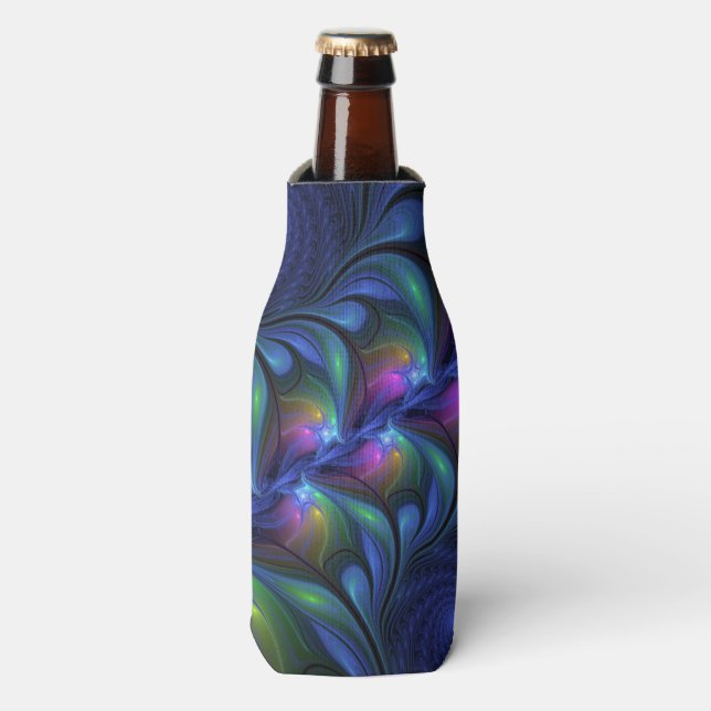Colourful Luminous Abstract Blue Pink Green Fracta Bottle Cooler (Bottle Front)