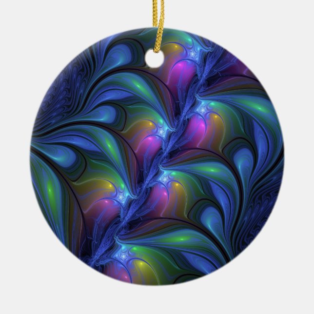 Colourful Luminous Abstract Blue Pink Green Fracta Ceramic Tree Decoration (Front)