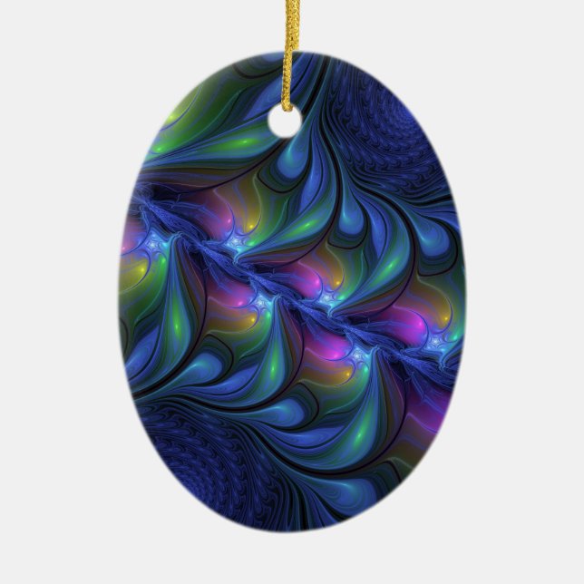 Colourful Luminous Abstract Blue Pink Green Fracta Ceramic Tree Decoration (Front)