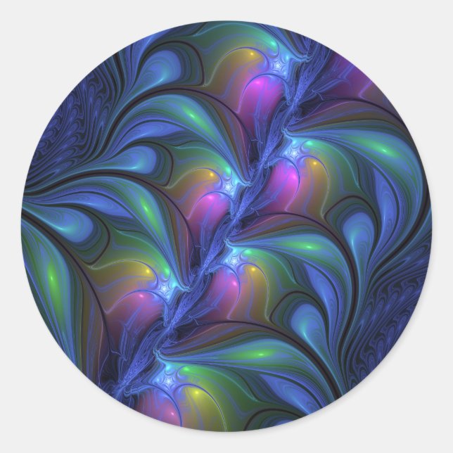 Colourful Luminous Abstract Blue Pink Green Fracta Classic Round Sticker (Front)
