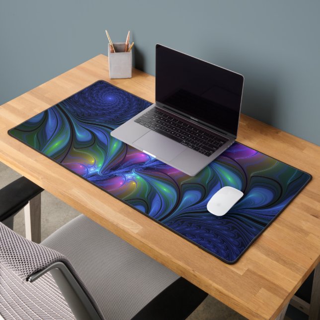 Colourful Luminous Abstract Blue Pink Green Fracta Desk Mat (Office 2)