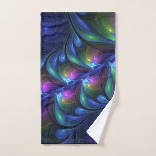 Colourful Luminous Abstract Blue Pink Green Fracta Hand Towel (Hand Towel)