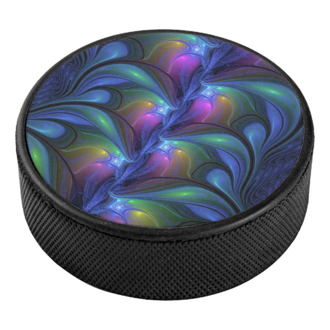 Colourful Luminous Abstract Blue Pink Green Fracta Hockey Puck (3/4)