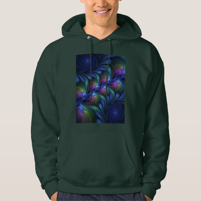 Colourful Luminous Abstract Blue Pink Green Fracta Hoodie (Front)