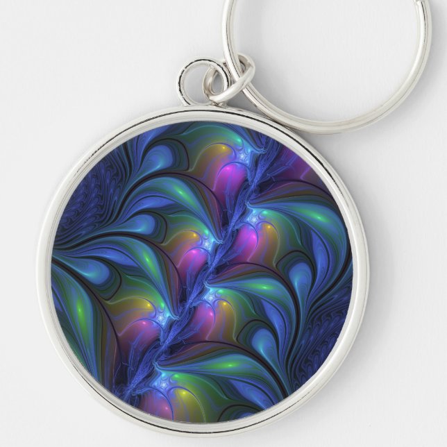 Colourful Luminous Abstract Blue Pink Green Fracta Key Ring (Front)