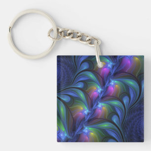 Colourful Luminous Abstract Blue Pink Green Fracta Key Ring