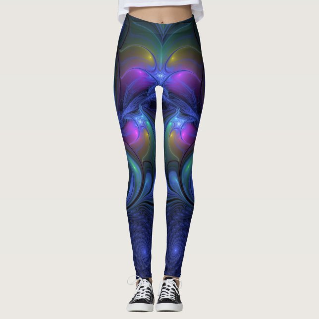 Colourful Luminous Abstract Blue Pink Green Fracta Leggings (Front)