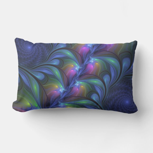 Colourful Luminous Abstract Blue Pink Green Fracta Lumbar Cushion (Front)