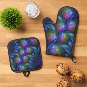 Colourful Luminous Abstract Blue Pink Green Fracta Oven Mitt & Pot Holder Set